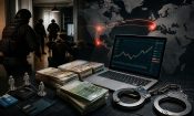 Agentes de policía detienen a sospechosos junto a fajos de euros y un portátil con gráficos de trading sobre un mapa mundial.