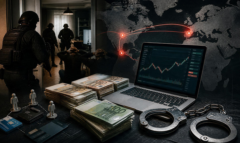 Agentes de policía detienen a sospechosos junto a fajos de euros y un portátil con gráficos de trading sobre un mapa mundial.