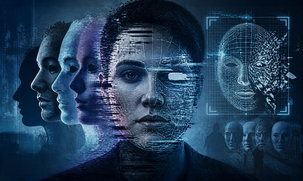 Rostros humanos que se degradan en imágenes glitcheadas junto a una cara wireframe dentro de un marco de escaneo biométrico.