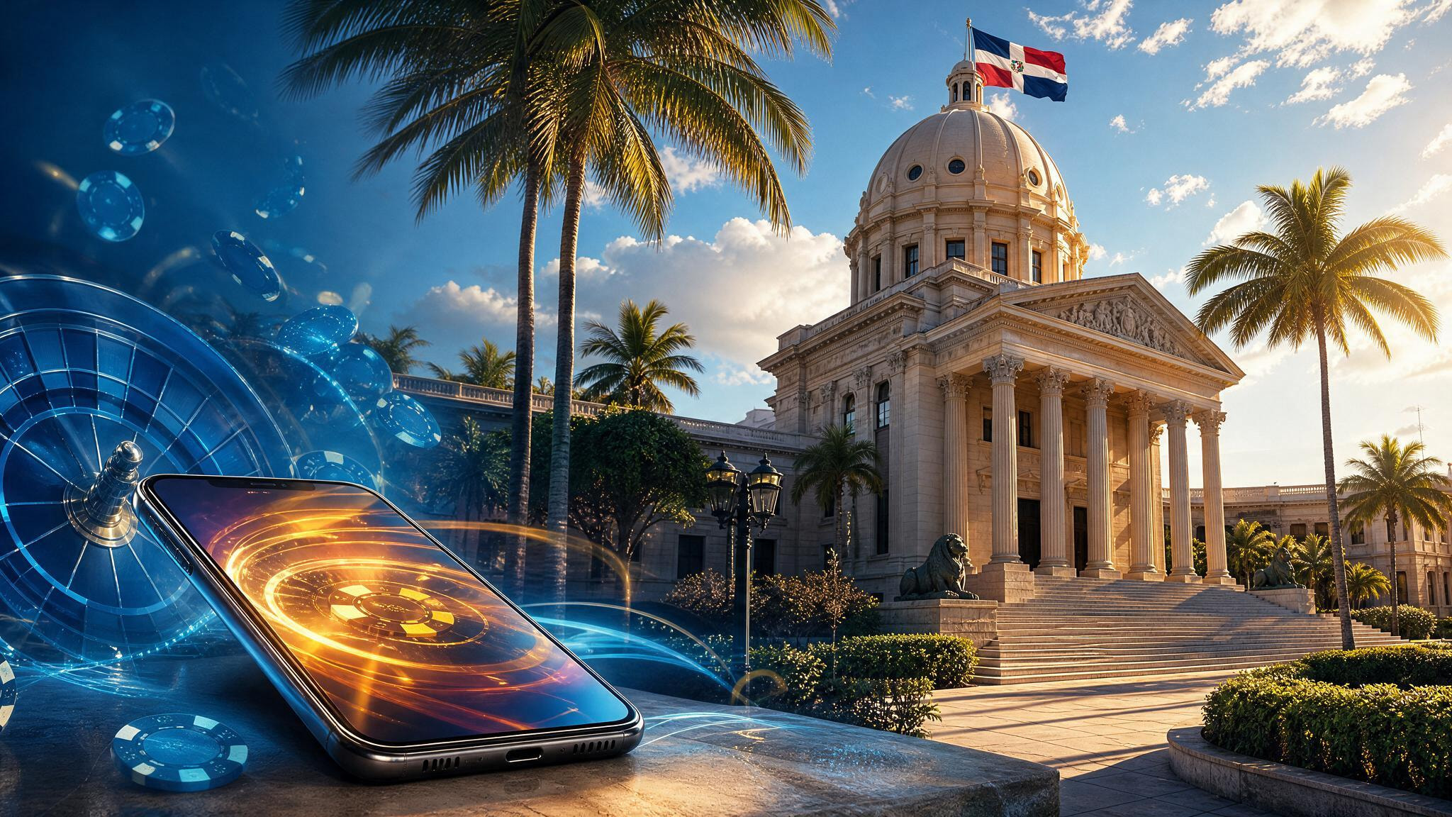 Palacio institucional con la bandera de República Dominicana, palmeras y un móvil con una ruleta y fichas de casino.