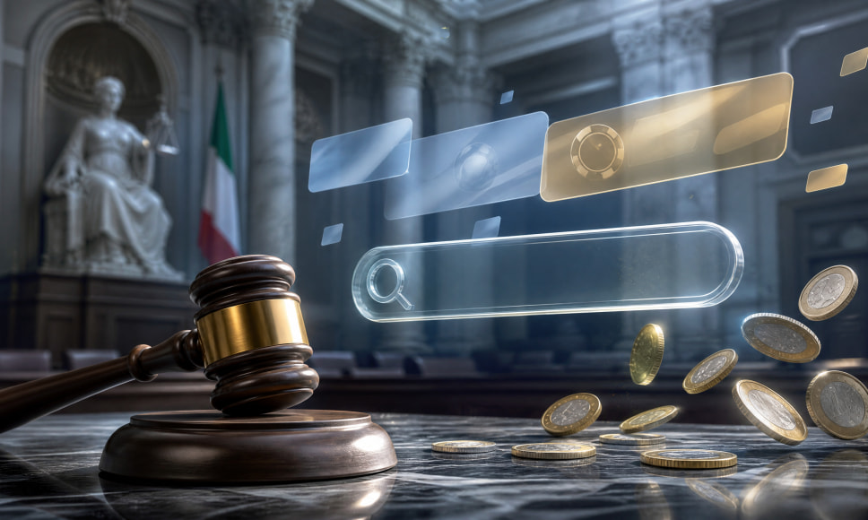 Mazo judicial y bandera de Italia ante una barra de búsqueda con anuncios de casino y monedas de euro cayendo.