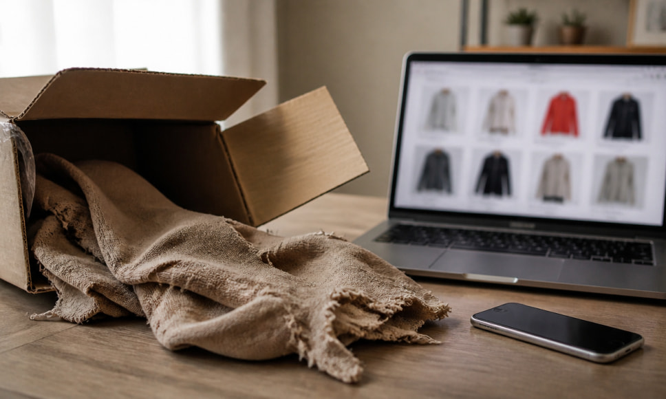 Caja con una prenda de tela deshilachada junto a un ordenador con una tienda de ropa online, sobre las denuncias de la OCU.