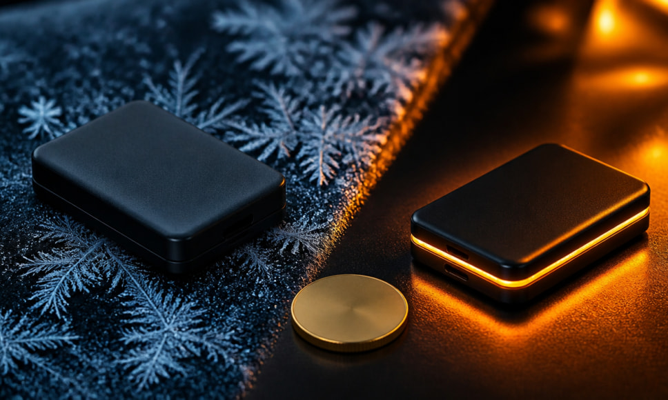 Dos carteras hardware de criptomonedas, una sobre hielo y otra con luz cálida, junto a una moneda de bitcoin.