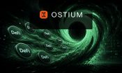 Monedas con el rótulo DeFi absorbidas por un vórtice digital verde junto al logotipo de Ostium.