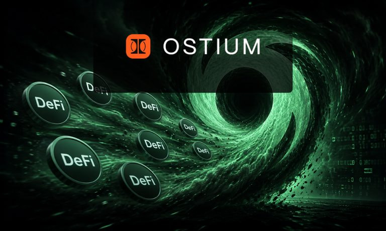 Monedas con el rótulo DeFi absorbidas por un vórtice digital verde junto al logotipo de Ostium.