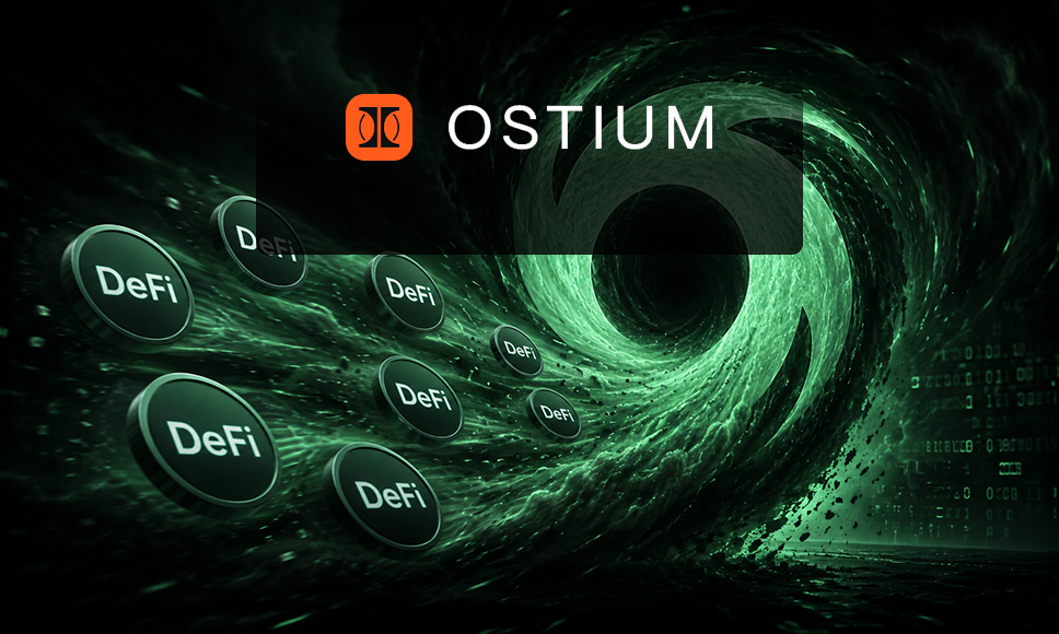Monedas con el rótulo DeFi absorbidas por un vórtice digital verde junto al logotipo de Ostium.