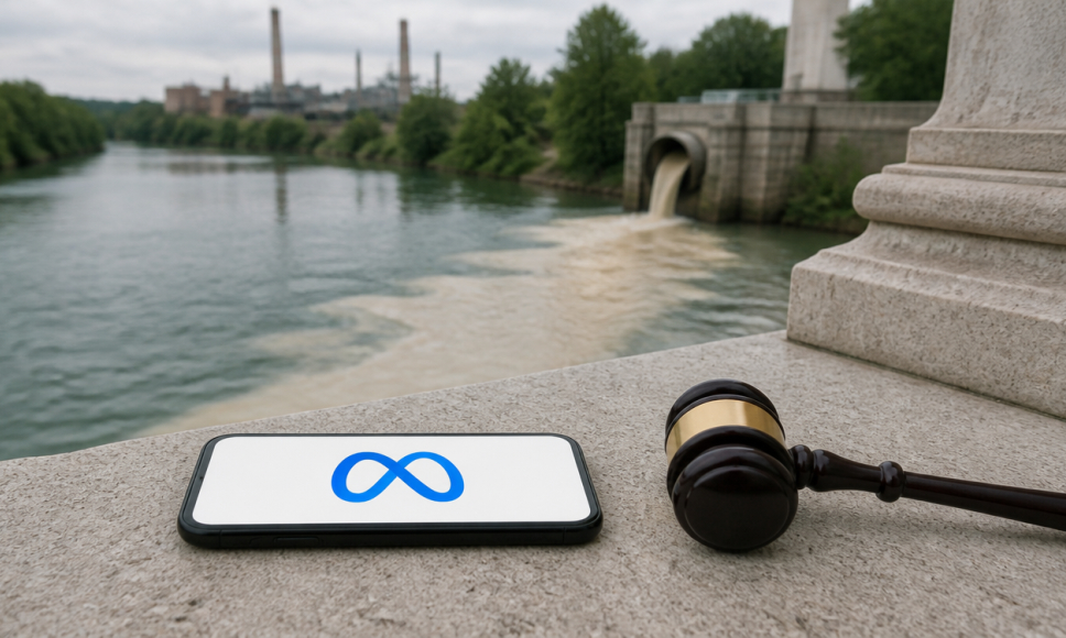 Smartphone con el logo de Meta junto a un mazo de juez, con una tubería vertiendo residuos a un río de fondo.