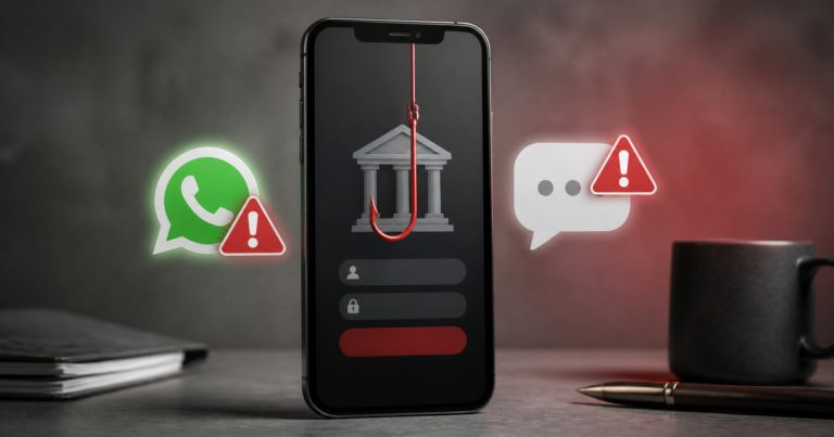 Móvil con pantalla de acceso bancario enganchada a un anzuelo junto a íconos de WhatsApp y SMS con alertas de advertencia.