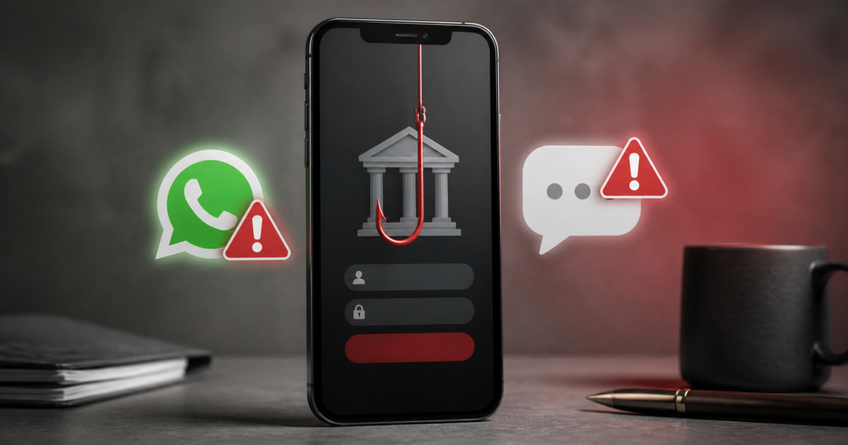 Móvil con pantalla de acceso bancario enganchada a un anzuelo junto a íconos de WhatsApp y SMS con alertas de advertencia.