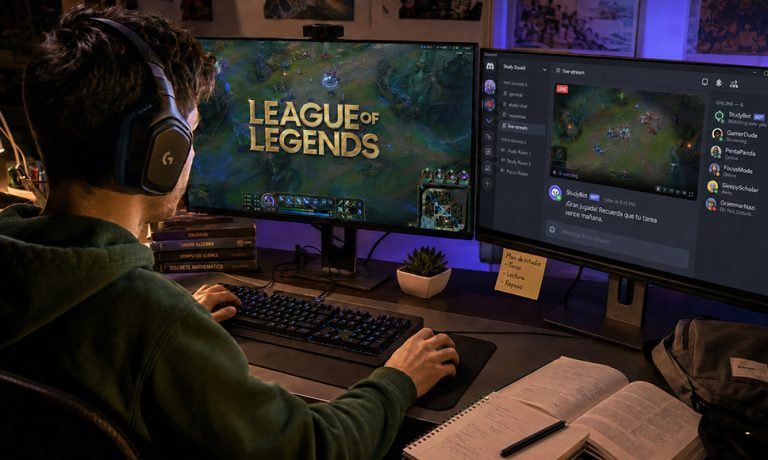 Joven con auriculares jugando a League of Legends frente a un chat de Discord en un segundo monitor.
