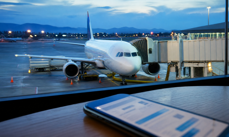 Avión de pasajeros en la puerta de embarque de un aeropuerto con un móvil mostrando datos personales en primer plano.