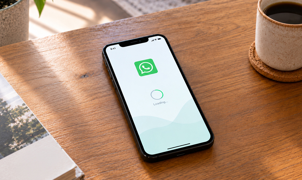Móvil sobre una mesa de madera mostrando la pantalla de carga de la aplicación WhatsApp, junto a una taza de caf