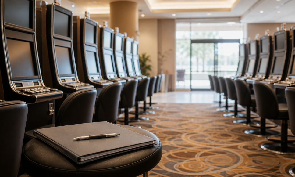 Sala de tragamonedas vacía con una carpeta y un bolígrafo, sobre la investigación por lavado de dinero en casinos mexicanos.