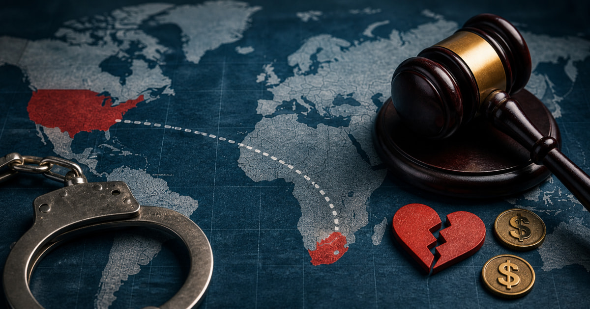 Mapa mundial con una ruta de extradición hacia Estados Unidos, un mazo de juez, esposas y un corazón roto junto a monedas.