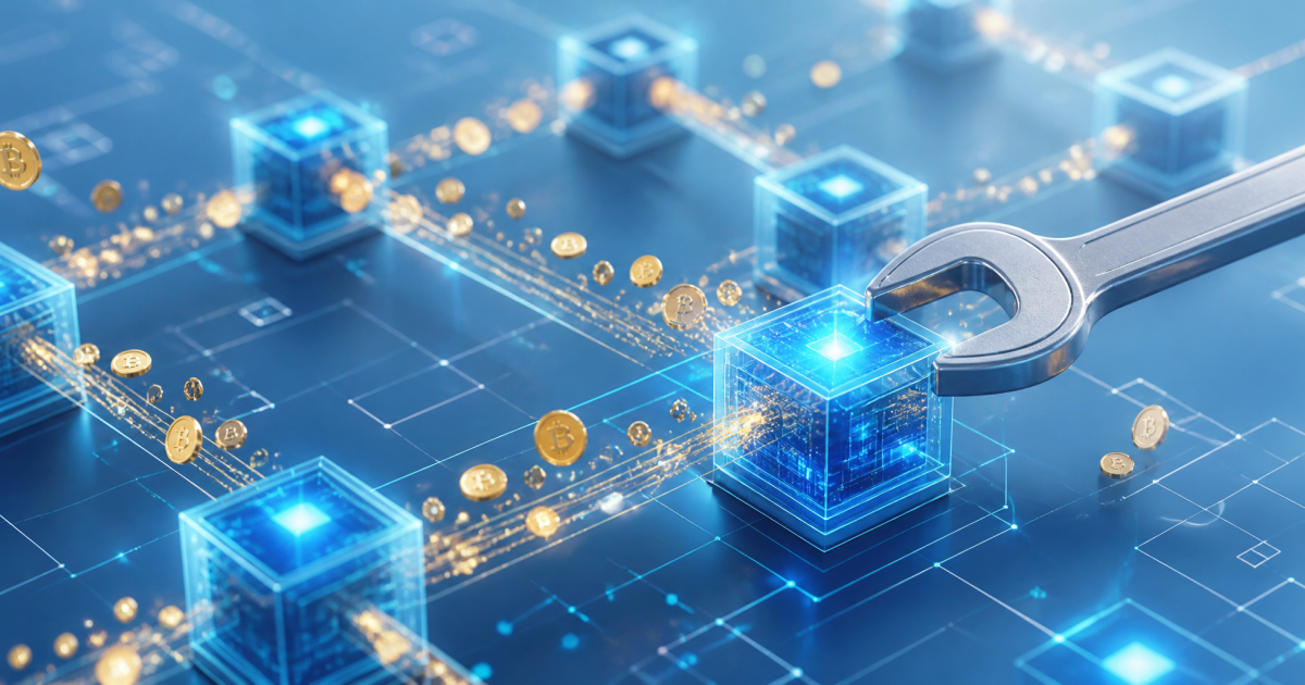 Bloques de blockchain conectados con monedas de bitcoin flotando y una llave inglesa sobre uno de los nodos centrales.