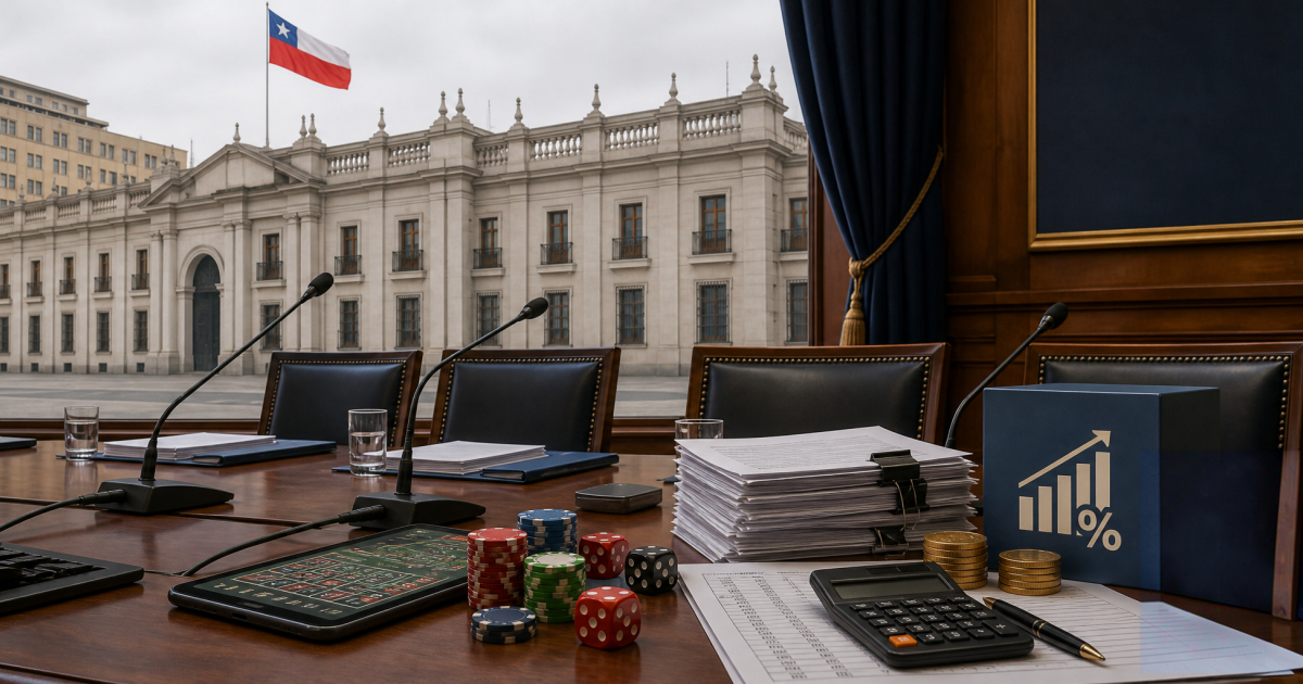 Sala de juntas con fichas de casino y dados junto a un ícono de porcentaje en alza, con La Moneda y la bandera de Chile de fondo.