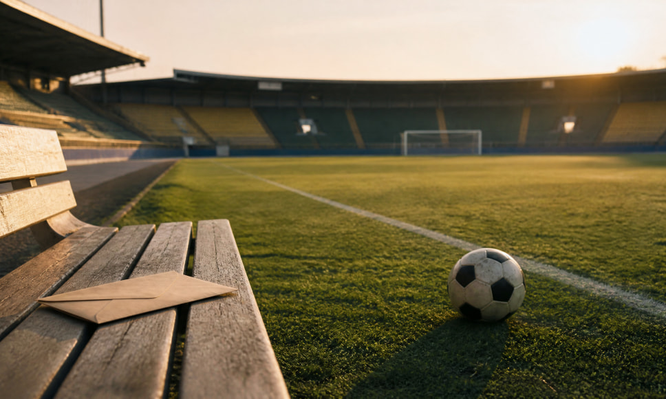 Balón de fútbol junto a un sobre cerrado sobre el banquillo de un estadio vacío, aludiendo a un soborno.