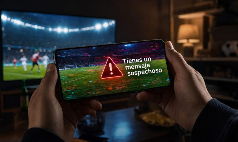 Manos sosteniendo un móvil con la alerta "Tienes un mensaje sospechoso" mientras se retransmite un partido de fútbol en la televisión.