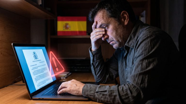 Hombre preocupado ante un portátil que muestra una falsa citación oficial con el escudo de España y una alerta.