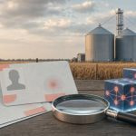 Documentos de identidad con lupa junto a silos agrícolas y cubos de red blockchain, en un campo de trigo argentino.