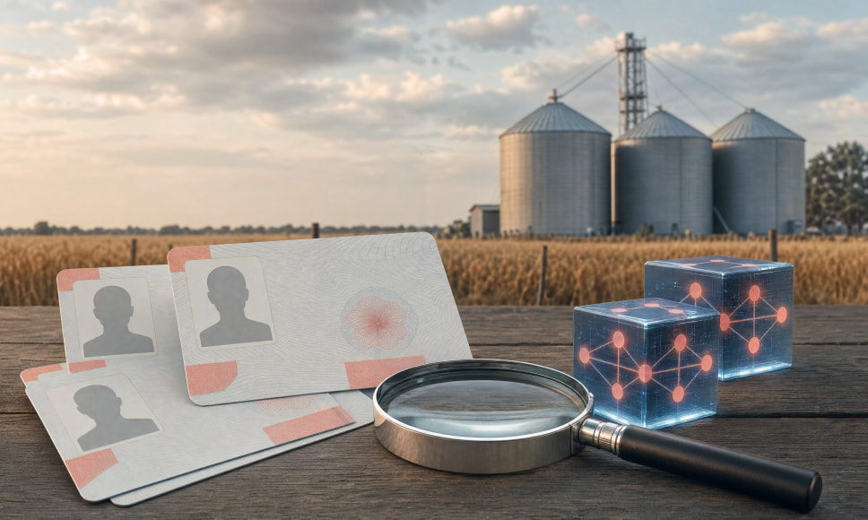 Documentos de identidad con lupa junto a silos agrícolas y cubos de red blockchain, en un campo de trigo argentino.