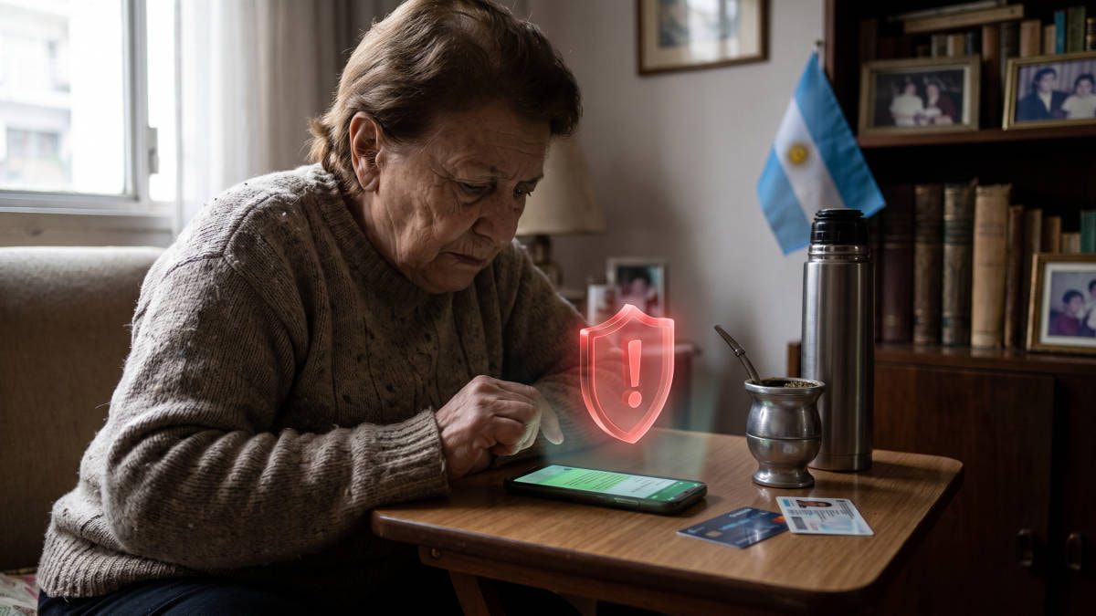 Jubilada argentina leyendo un mensaje de WhatsApp en el móvil junto a un mate, su DNI y una tarjeta bancaria.