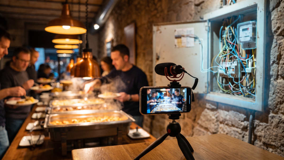 Restaurante bufé grabado con un móvil para redes sociales junto a un cuadro eléctrico con cables manipulados.
