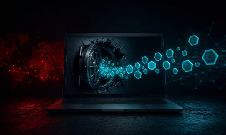 Laptop con una caja fuerte rota en la pantalla liberando criptomonedas hexagonales hacia una red de datos roja.
