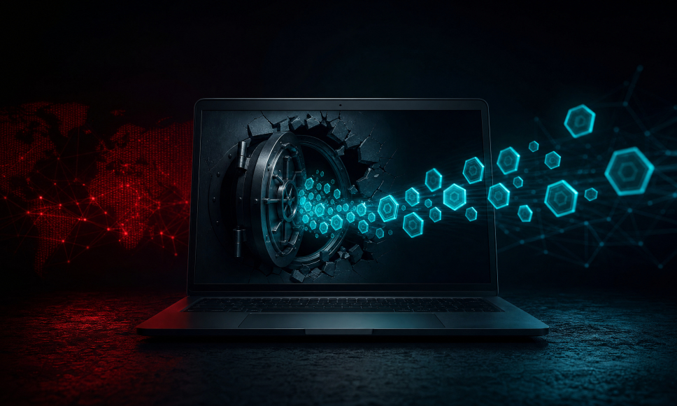 Laptop con una caja fuerte rota en la pantalla liberando criptomonedas hexagonales hacia una red de datos roja.