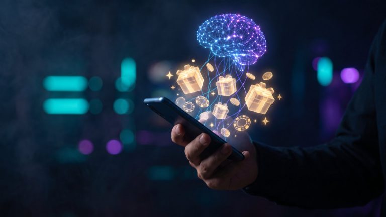 Mano sujetando un móvil del que surge un cerebro de inteligencia artificial que reparte bonos, fichas y monedas de apuestas.
