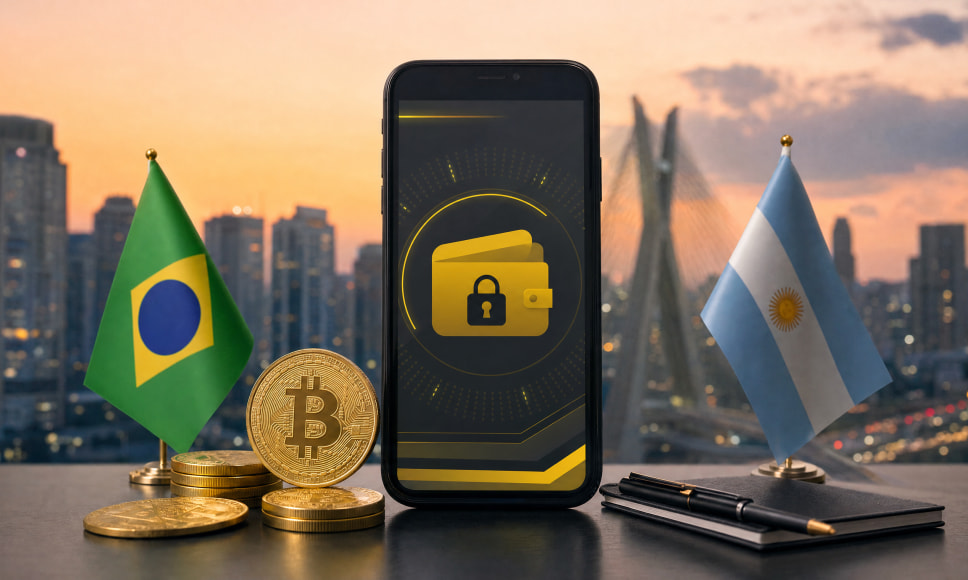 Móvil con un icono de billetera cripto bloqueada junto a una moneda de Bitcoin y las banderas de Argentina y Brasil.