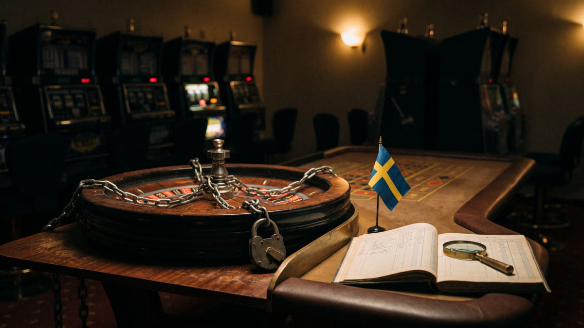 Ruleta de casino encadenada con candado junto a una bandera de Suecia y un libro de cuentas bajo una lupa.
