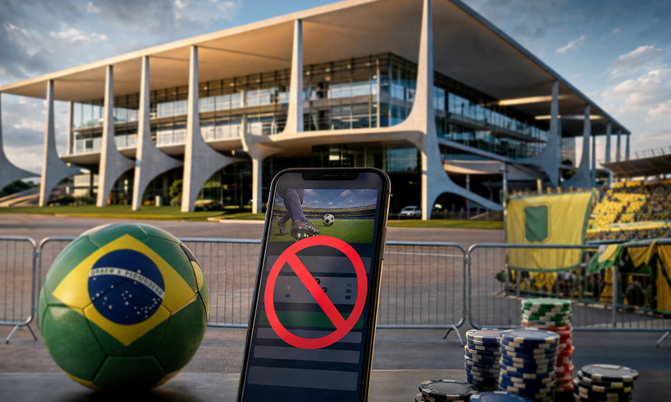 Balón con la bandera brasileña y fichas de casino ante el Palacio del Planalto, con un móvil mostrando una app de apuestas bloqueada.