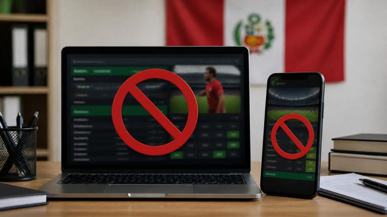 Portátil y móvil mostrando una web de apuestas bloqueada con un símbolo de prohibido, con la bandera de Perú de fondo.