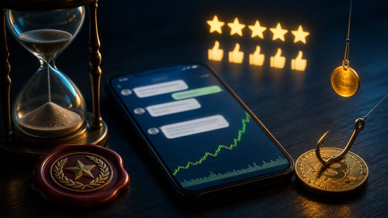 Móvil con un chat y un gráfico de inversión en alza, un anzuelo enganchado a una moneda de bitcoin y iconos de aprobación social.