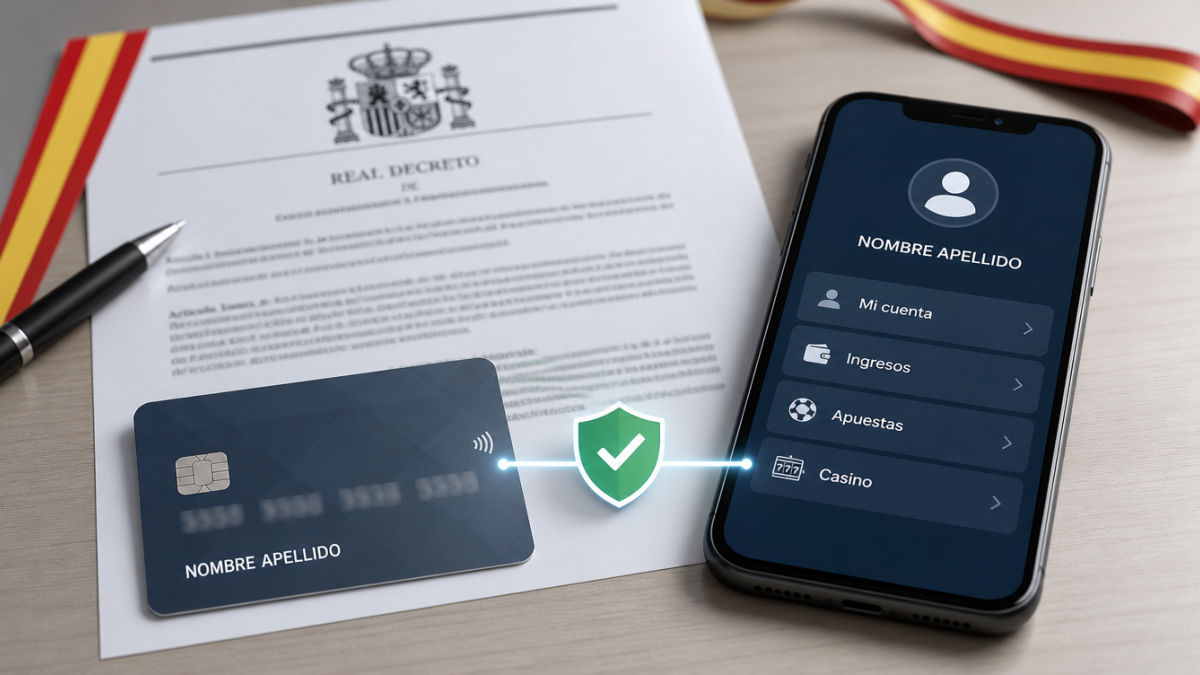 Tarjeta bancaria y móvil con cuenta de casino al mismo titular, unidos por un sello de verificación sobre el Real Decreto 813/2026.