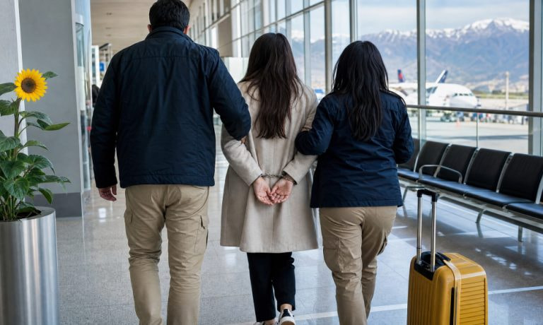 Mujer esposada escoltada por agentes en un aeropuerto con montañas de fondo y una maleta amarilla.